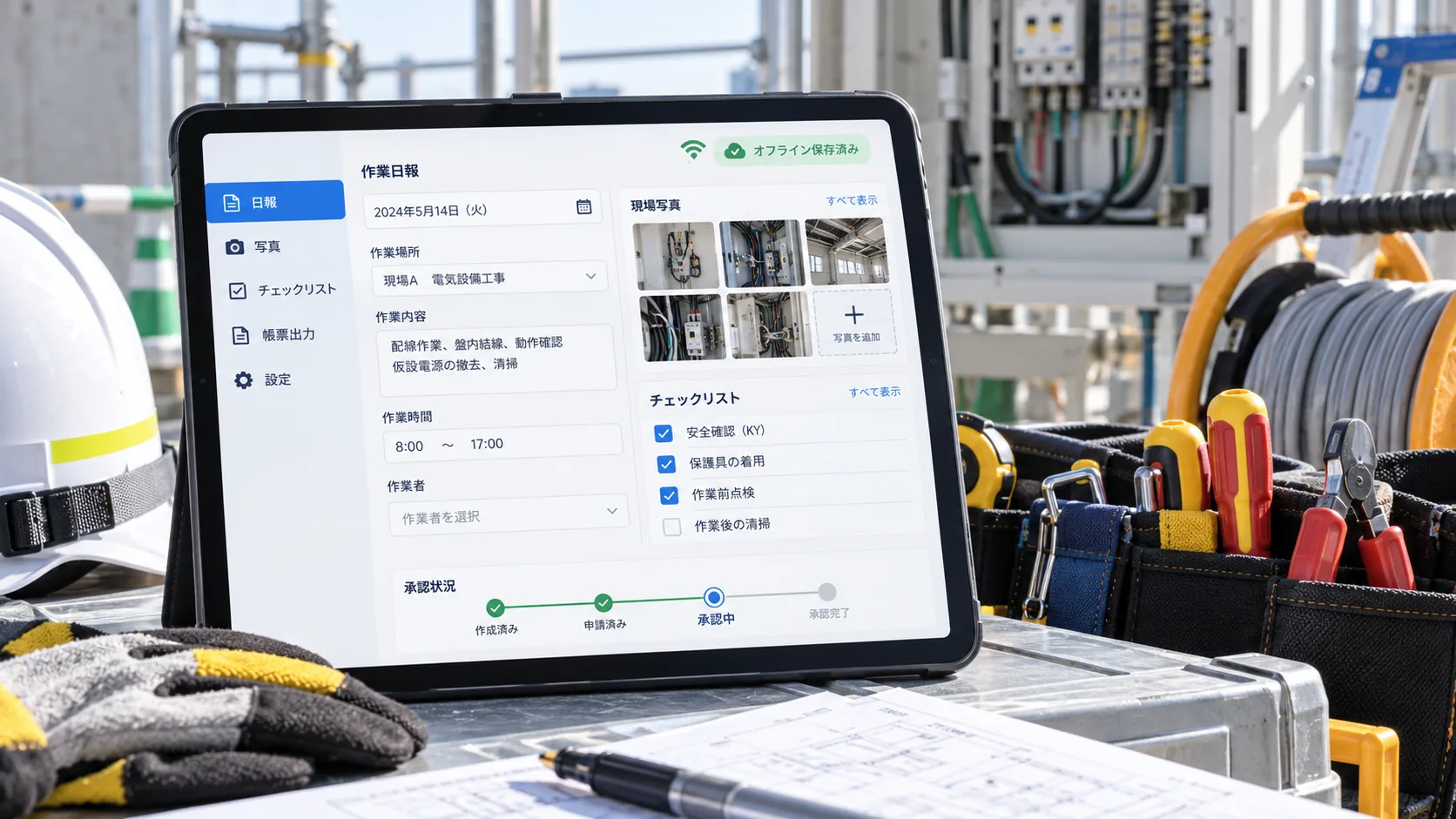 電気工事の現場予定と材料確認を表示する匿名デモ画面