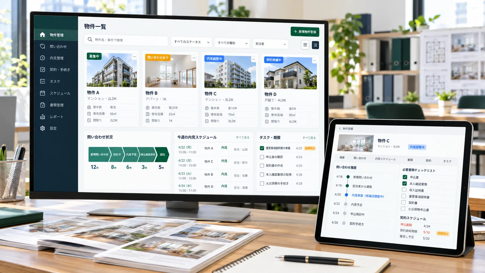 物件ごとの修繕依頼と進捗を匿名表示する画面